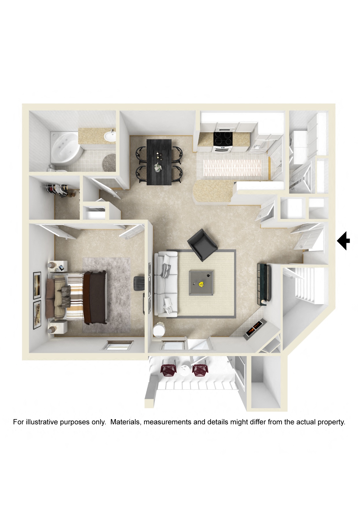 Floor plan for 1 bed, 1 bath, 967 sqft